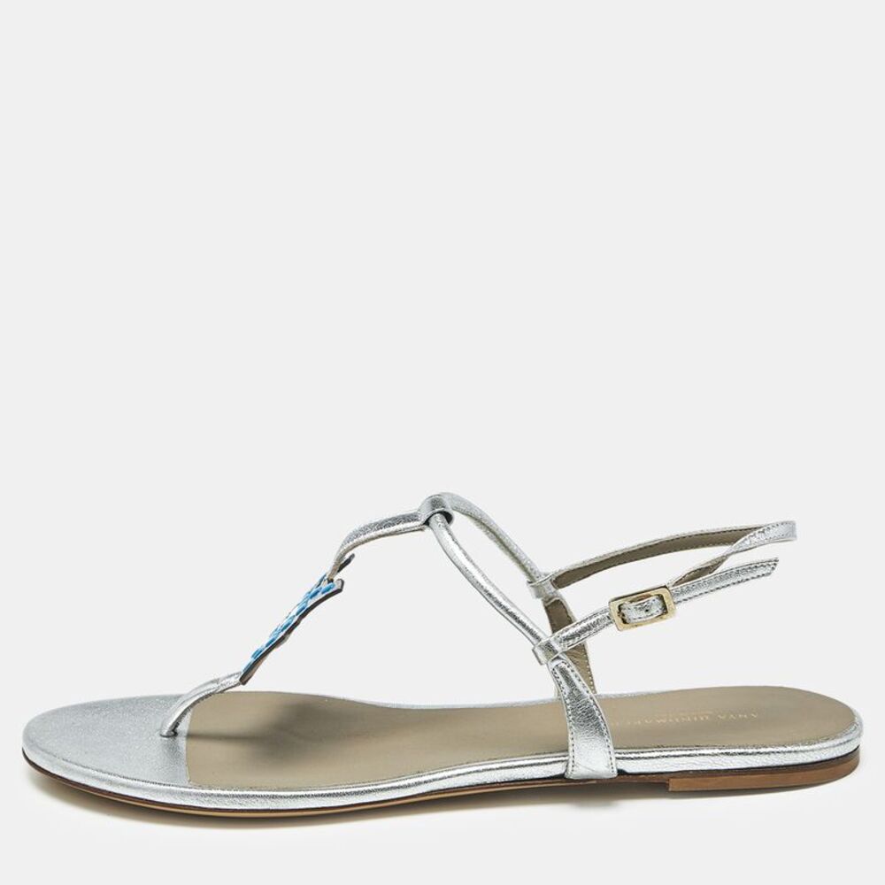 Anya Hindmarch Size 39 Silver Leather Thong Flat Ankle Strap Sandals